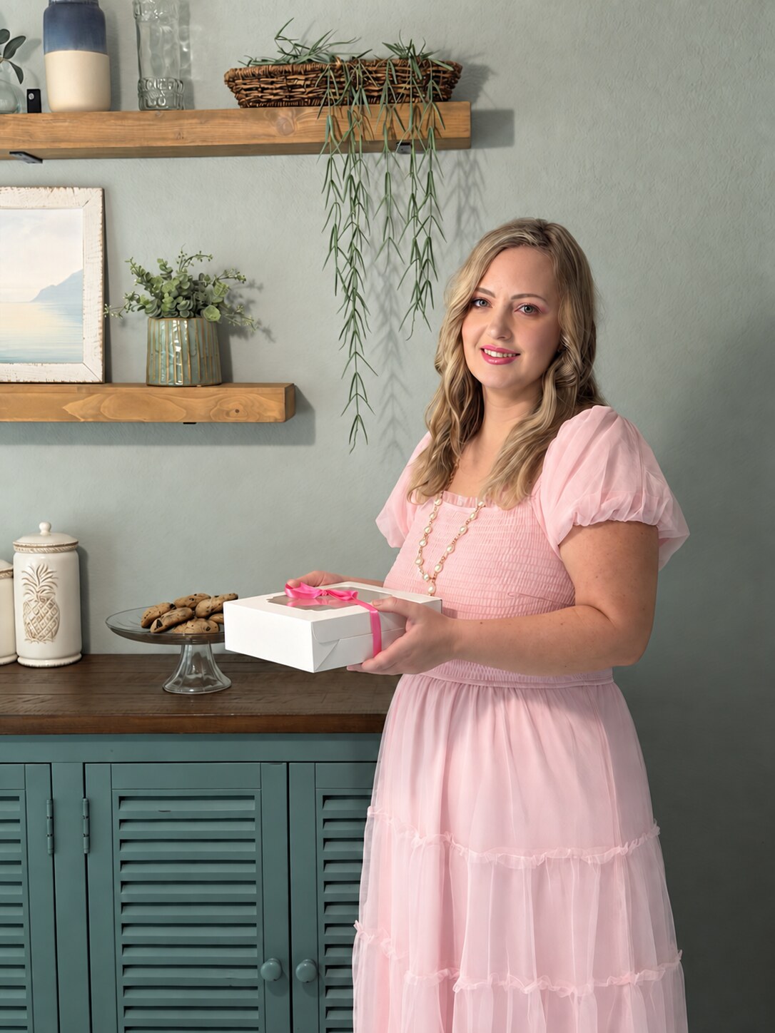 Bethany holding a ribbon-tied box of sweets